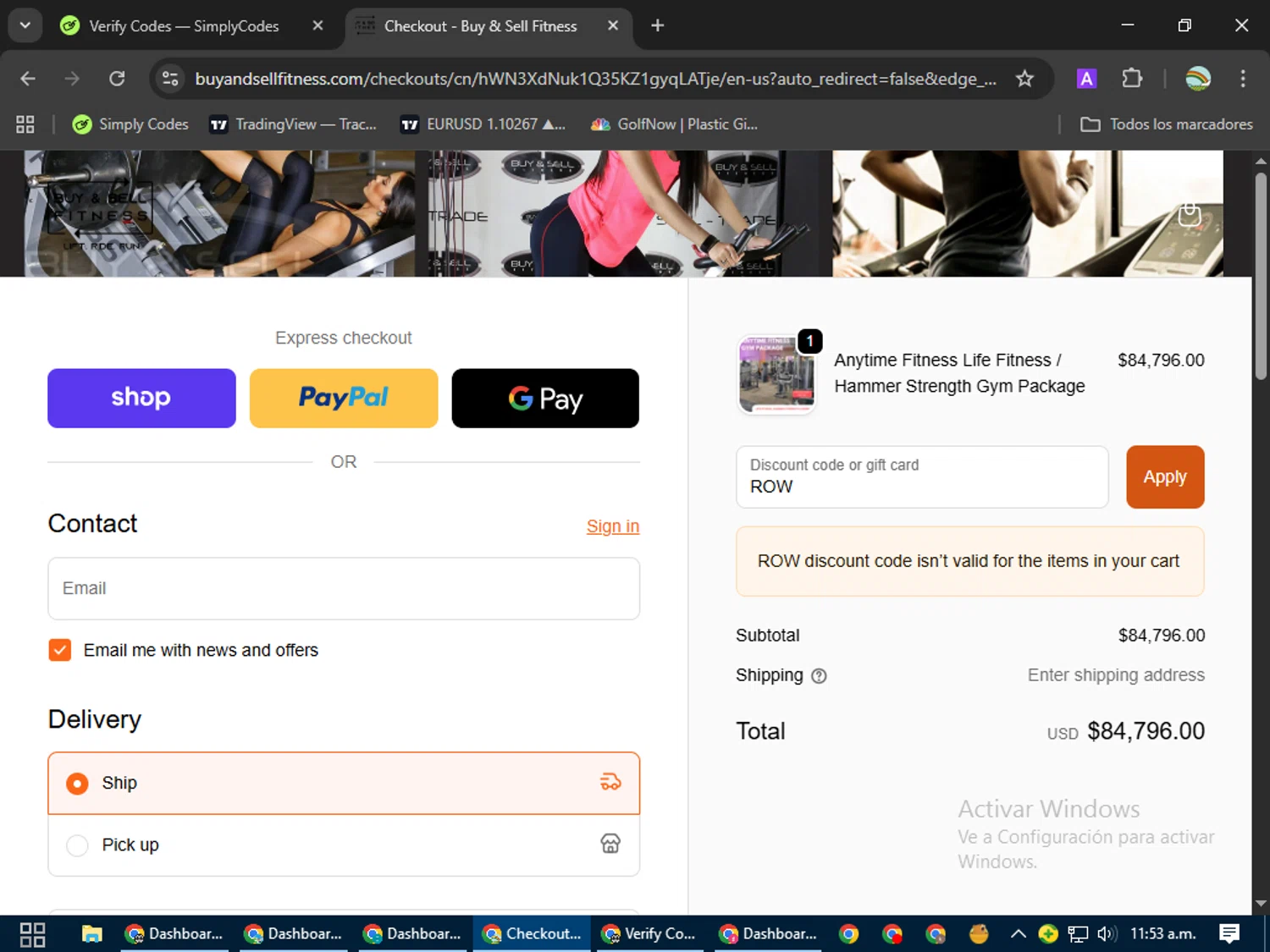Buy & Sell Fitness promo code screenshot showing code ROW applied at Buy & Sell Fitness checkout page. Uploaded by SimplyCodes community member CoinMaven5220 on Sep 29, 2025