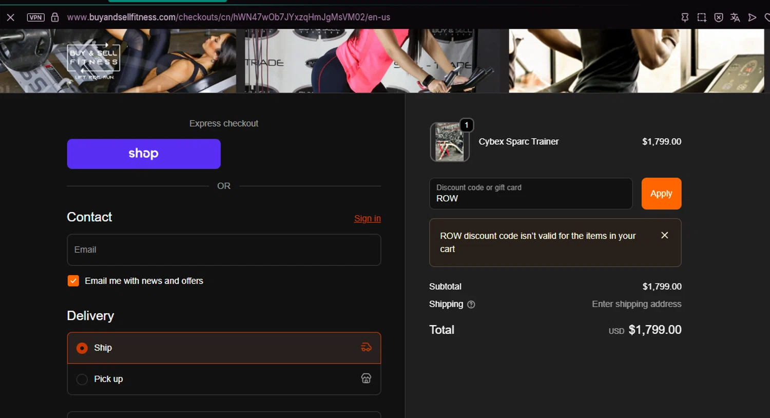 Buy & Sell Fitness promo code screenshot showing code ROW applied at Buy & Sell Fitness checkout page. Uploaded by SimplyCodes community member chepipi on Oct 15, 2025