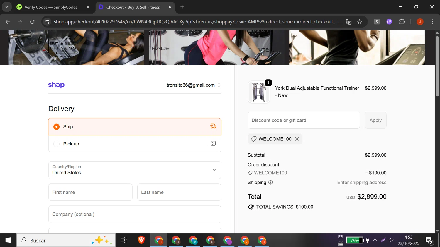 Buy & Sell Fitness promo code screenshot showing code WELCOME100 applied at Buy & Sell Fitness checkout page. Uploaded by SimplyCodes community member DORIANGEL on Oct 23, 2025
