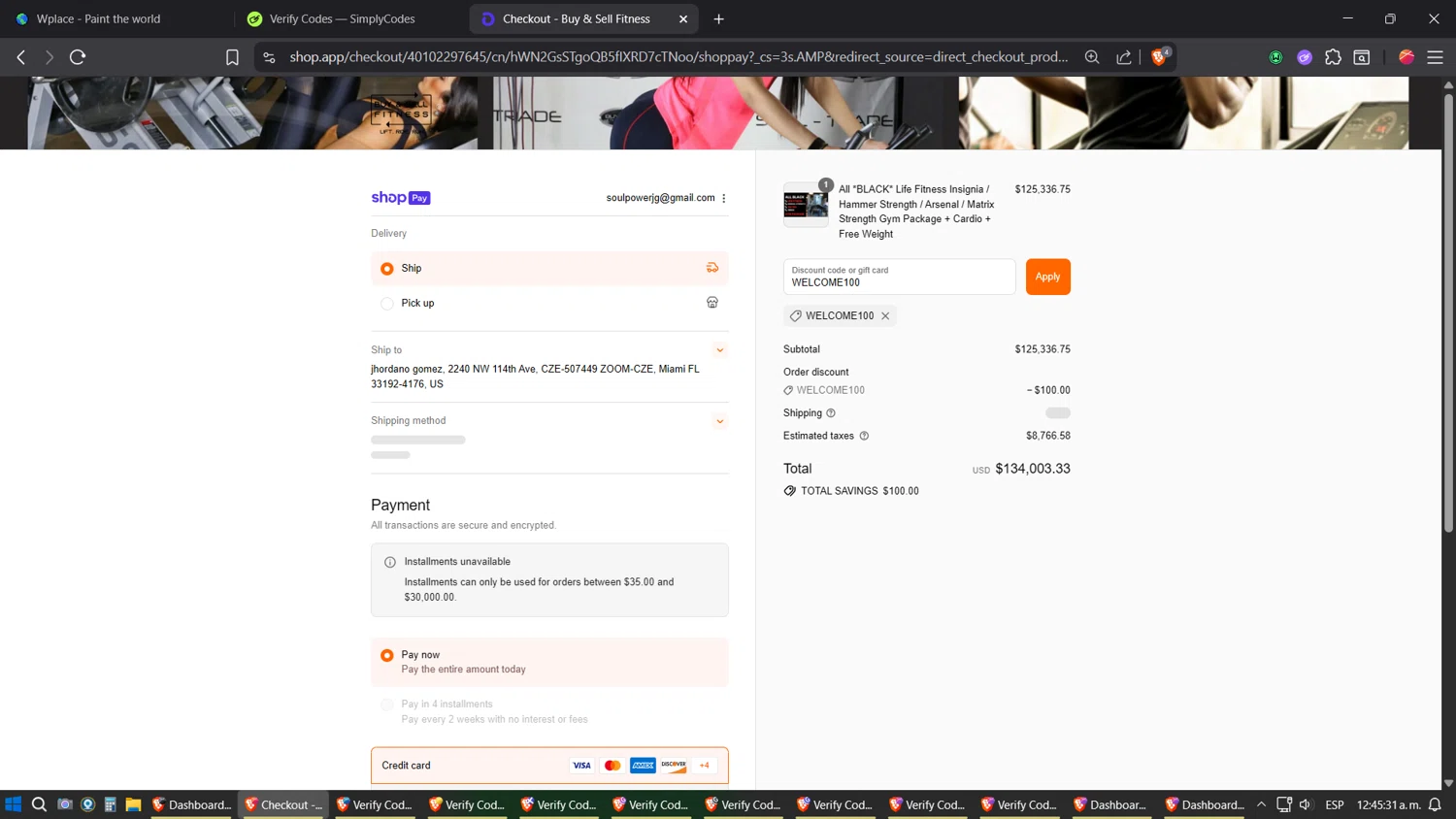 Buy & Sell Fitness promo code screenshot showing code WELCOME100 applied at Buy & Sell Fitness checkout page. Uploaded by SimplyCodes community member verifier_983798000 on Aug 27, 2025