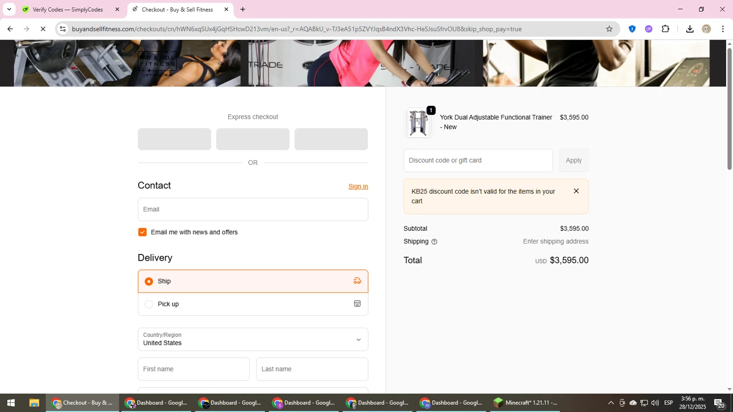 Buy & Sell Fitness promo code screenshot showing code KB25 applied at Buy & Sell Fitness checkout page. Uploaded by SimplyCodes community member NobleScholar4826 on Dec 28, 2025
