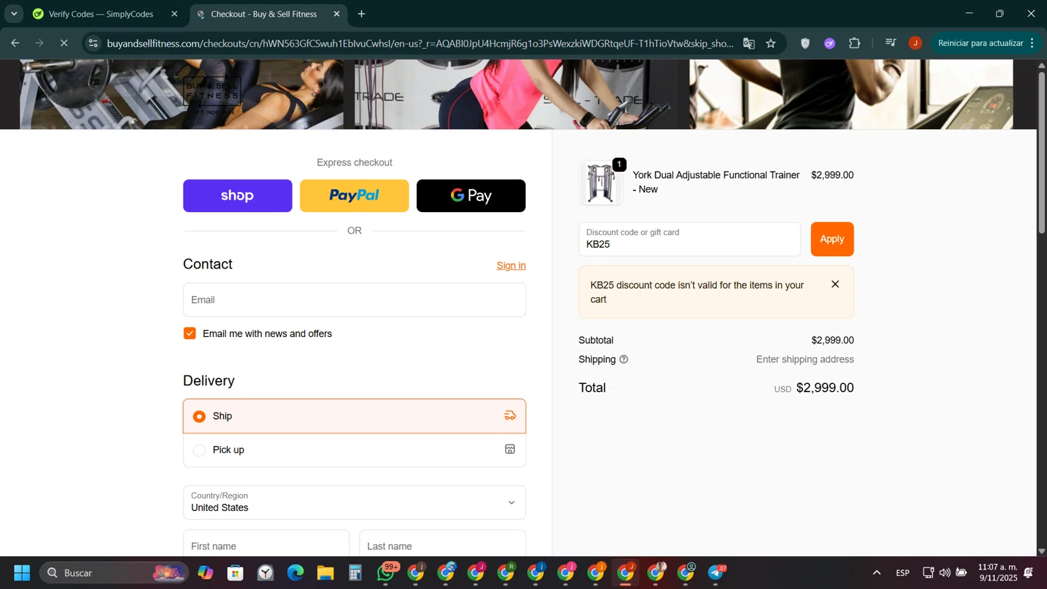 Buy & Sell Fitness promo code screenshot showing code KB25 applied at Buy & Sell Fitness checkout page. Uploaded by SimplyCodes community member ShieldAce8260 on Nov 9, 2025