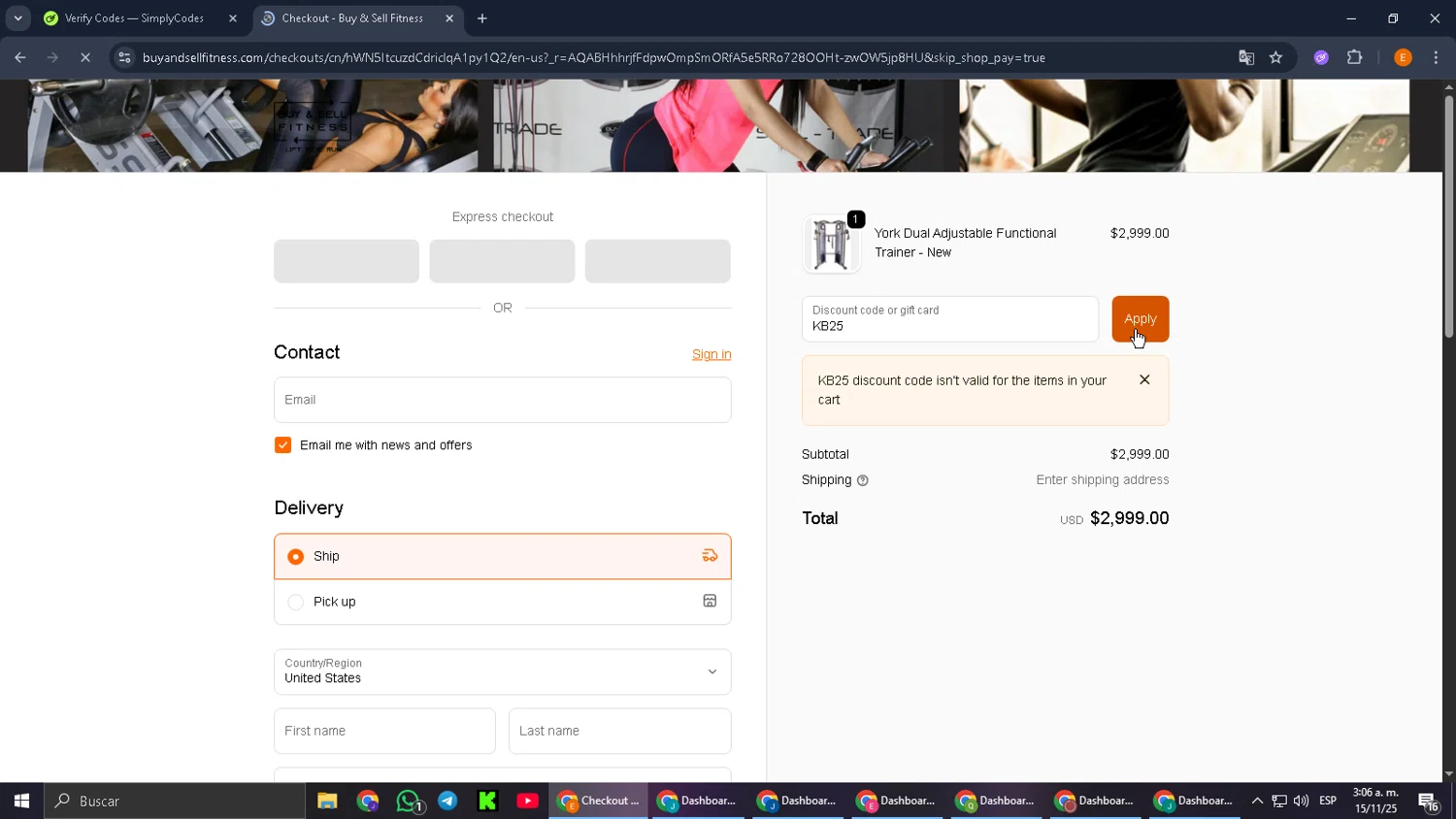 Buy & Sell Fitness promo code screenshot showing code KB25 applied at Buy & Sell Fitness checkout page. Uploaded by SimplyCodes community member jorgeyahoo on Nov 15, 2025