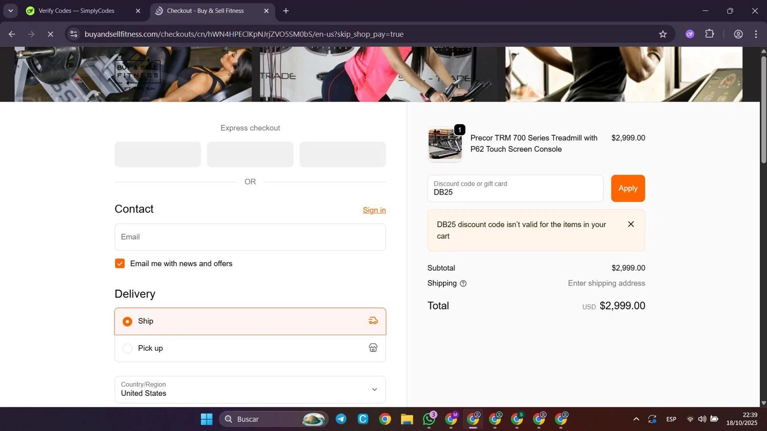 Buy & Sell Fitness promo code screenshot showing code DB25 applied at Buy & Sell Fitness checkout page. Uploaded by SimplyCodes community member Puppet on Oct 19, 2025