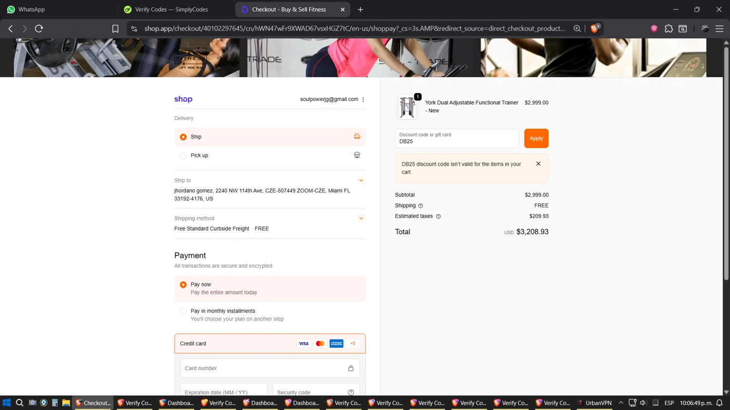 Buy & Sell Fitness promo code screenshot showing code DB25 applied at Buy & Sell Fitness checkout page. Uploaded by SimplyCodes community member SimplyGOAT on Oct 15, 2025