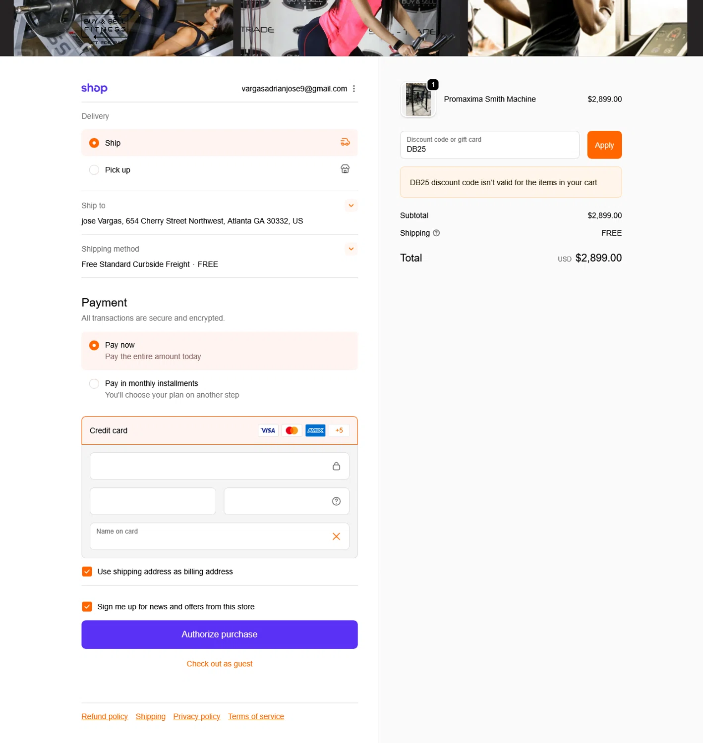 Buy & Sell Fitness promo code screenshot showing code DB25 applied at Buy & Sell Fitness checkout page. Uploaded by SimplyCodes community member WladimirV on Sep 25, 2025