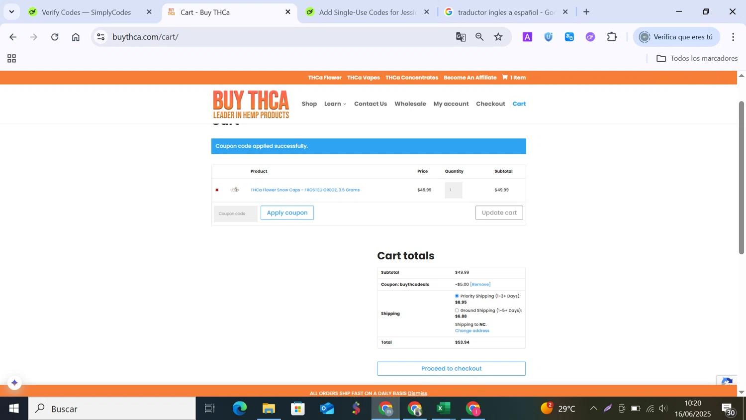 Buy THCa promo code screenshot showing code BUYTHCADEALX applied at Buy THCa checkout page. Uploaded by SimplyCodes community member MANUELURBINA on Jun 16, 2025