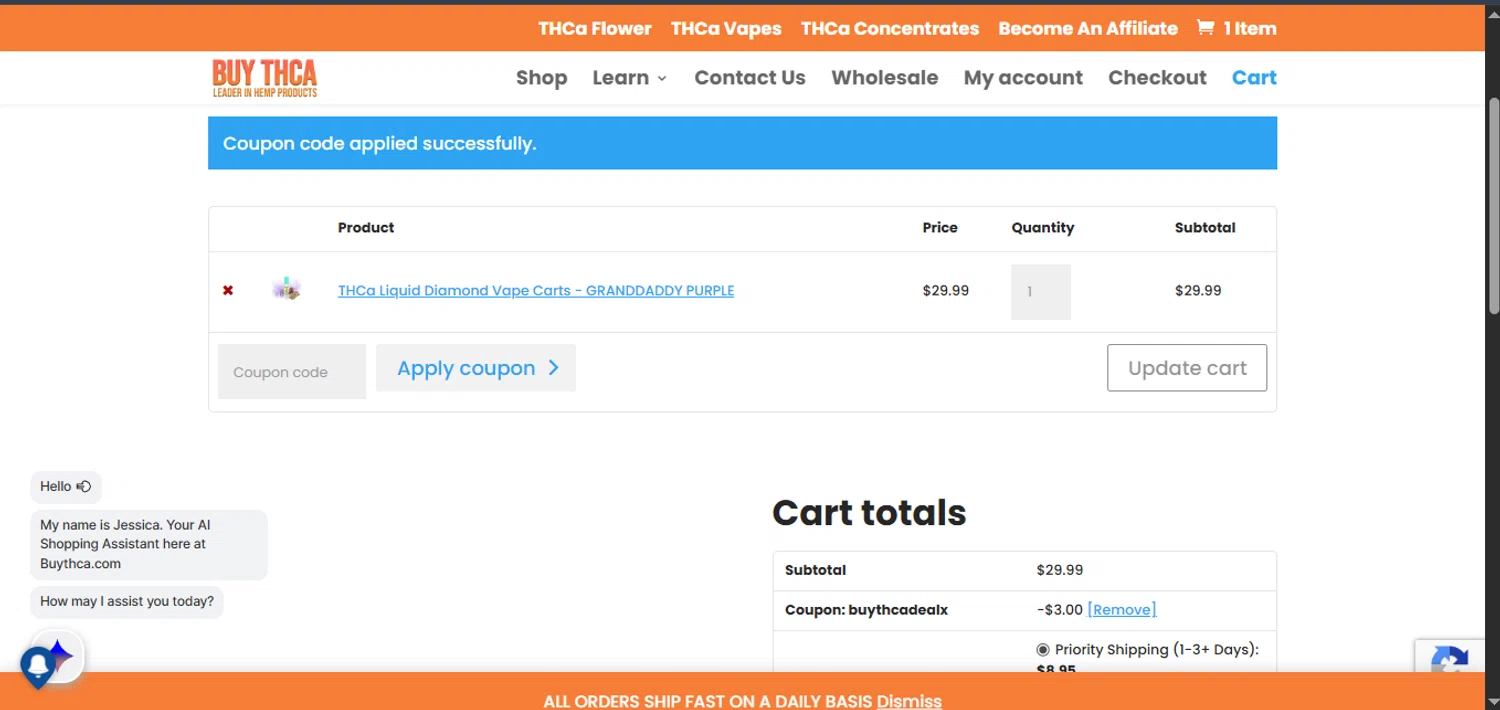 Buy THCa promo code screenshot showing code BUYTHCADEALX applied at Buy THCa checkout page. Uploaded by SimplyCodes community member PennySage5996 on Jan 31, 2026