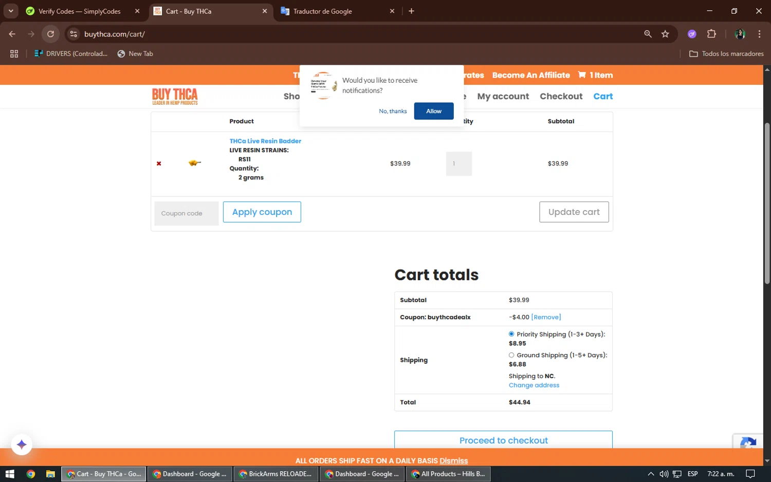 Buy THCa promo code screenshot showing code BUYTHCADEALX applied at Buy THCa checkout page. Uploaded by SimplyCodes community member TheWizard on Jul 15, 2025