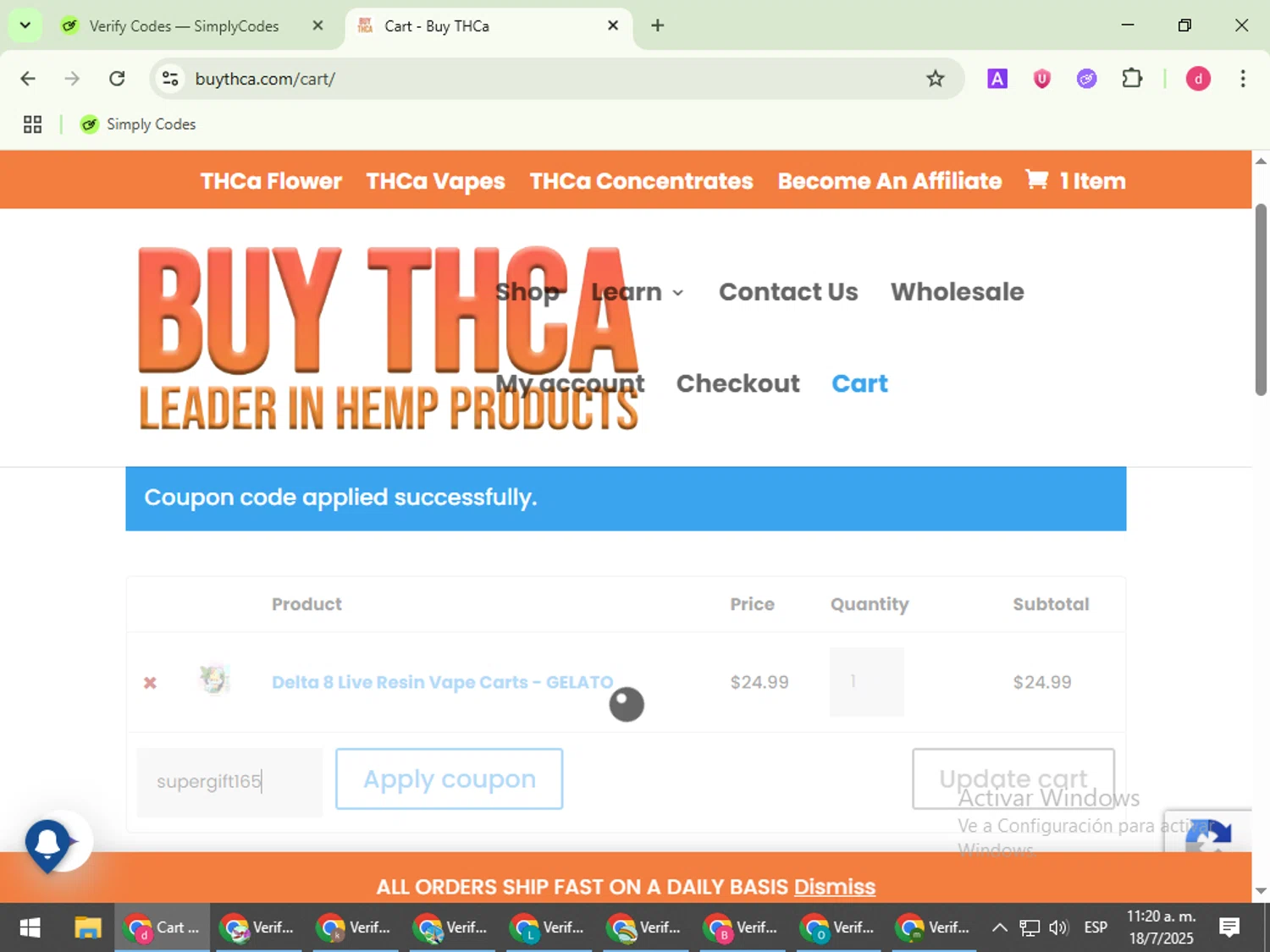 Buy THCa promo code screenshot showing code supergift165 applied at Buy THCa checkout page. Uploaded by SimplyCodes community member BudgetVoyager5452 on Jul 18, 2025