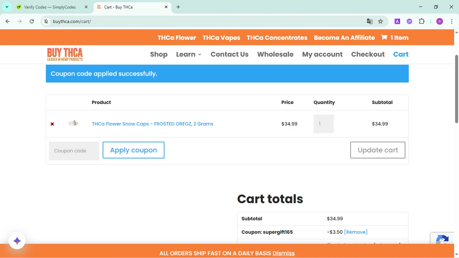 Buy THCa promo code screenshot showing code supergift165 applied at Buy THCa checkout page. Uploaded by SimplyCodes community member FortunatePilot2384 on Jun 19, 2025