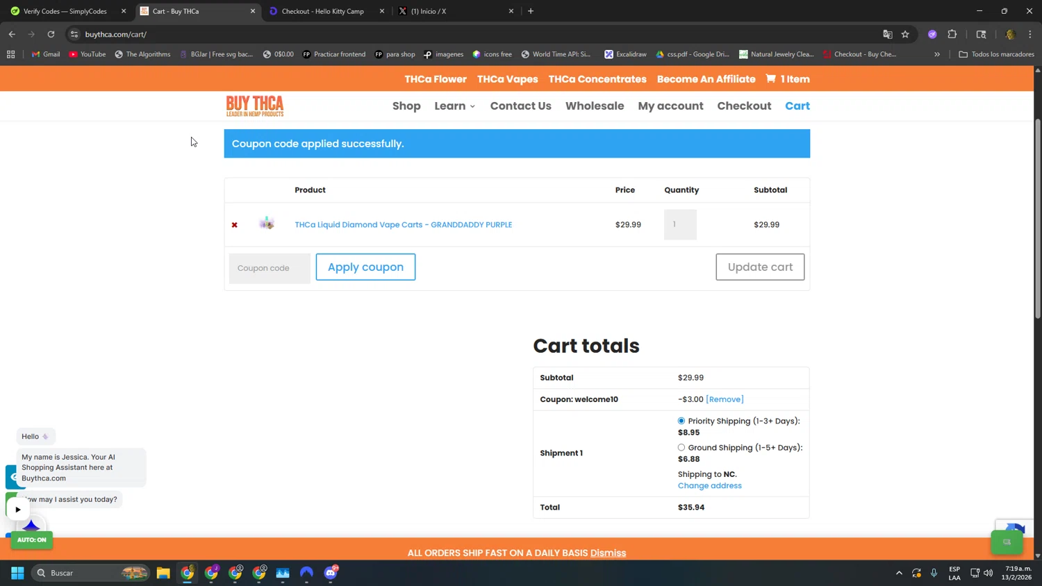 Buy THCa checkout page showing Buy THCa promo code box | Screenshot taken by SimplyCodes community member on Feb 13, 2026
