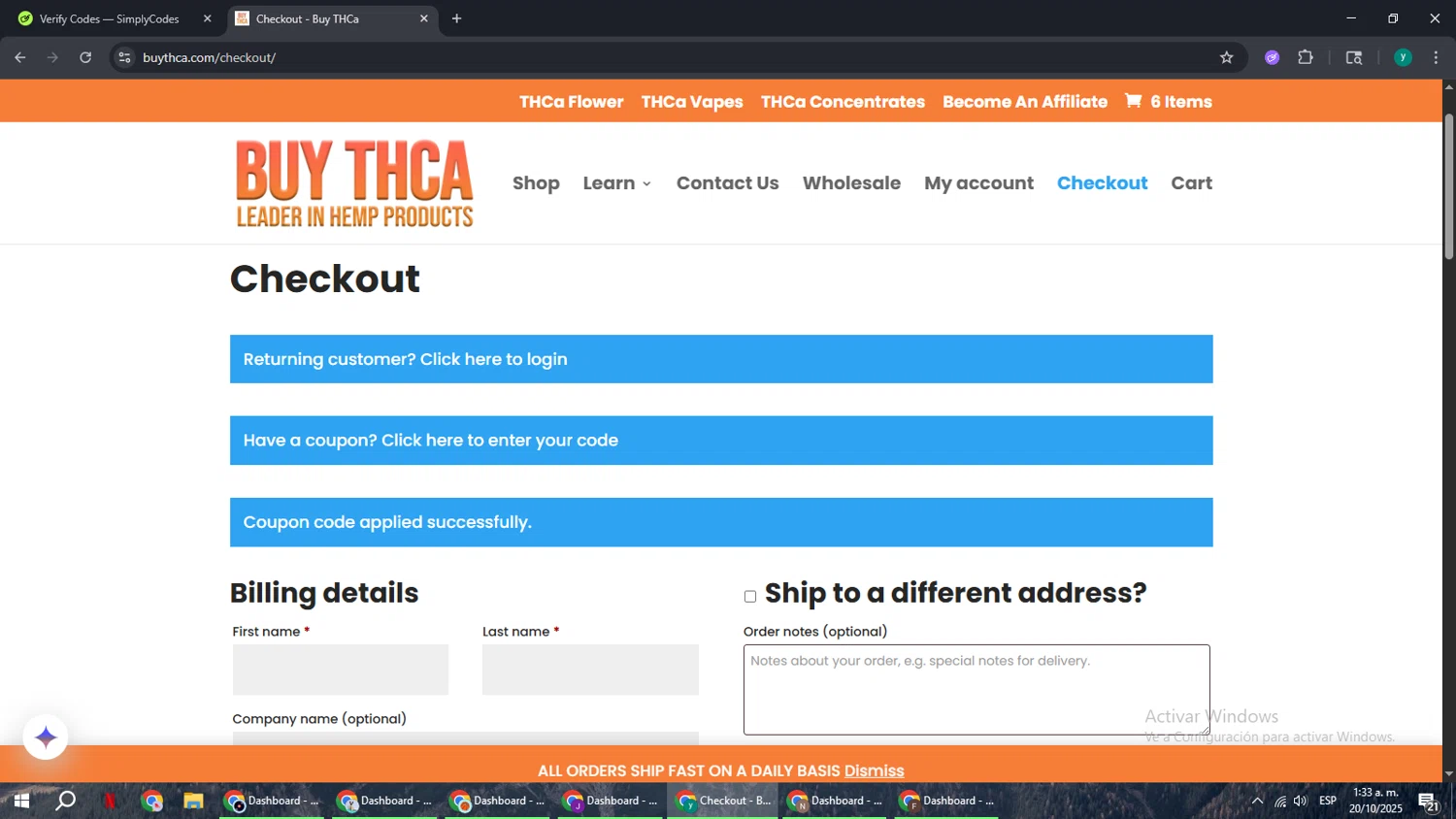 Buy THCa promo code screenshot showing code tryourproducts20 applied at Buy THCa checkout page. Uploaded by SimplyCodes community member FrugalCaptain6906 on Oct 20, 2025