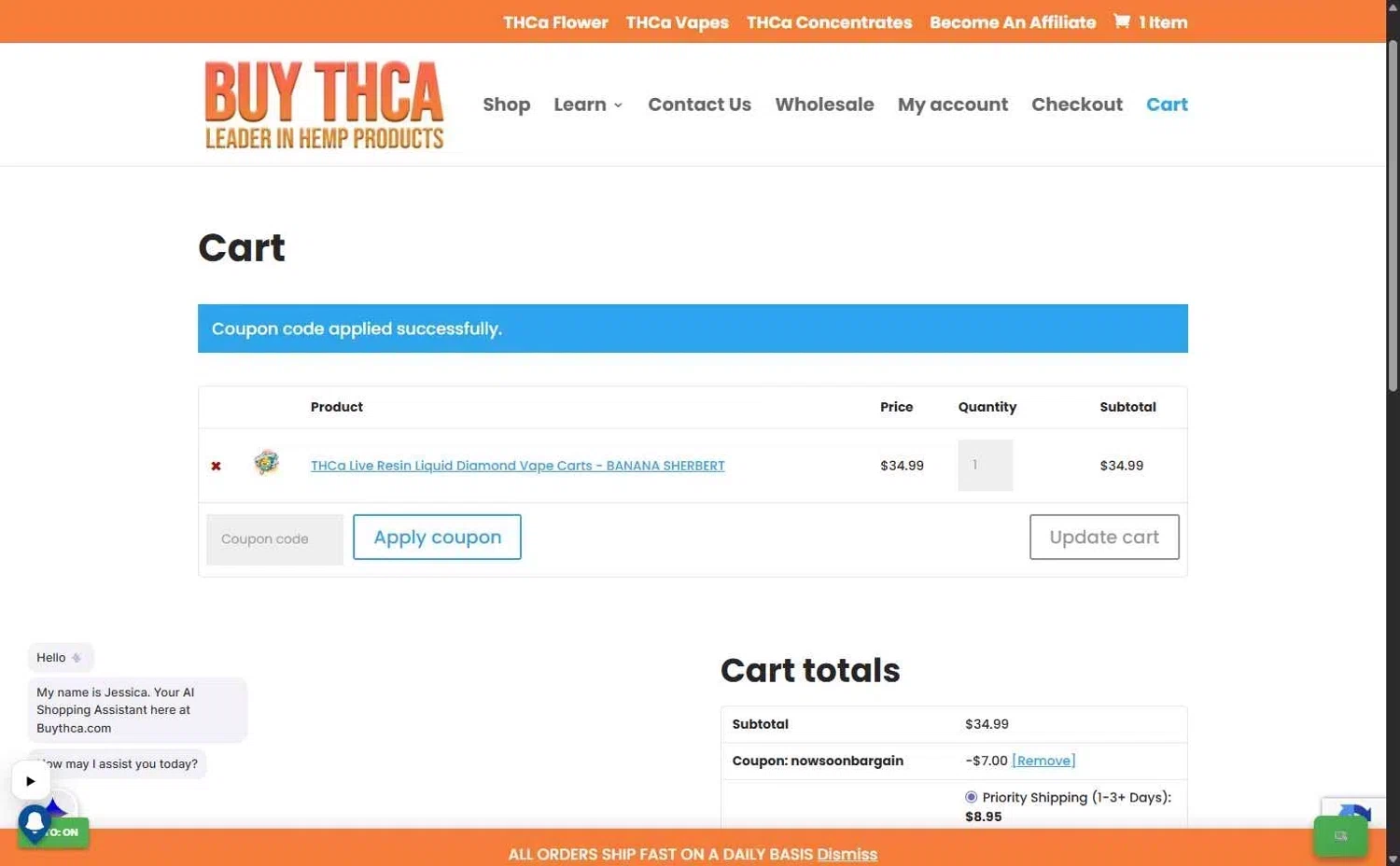 Buy THCa promo code screenshot showing code NOWSOONBARGAIN applied at Buy THCa checkout page. Uploaded by SimplyCodes community member LOgoter on Feb 5, 2026