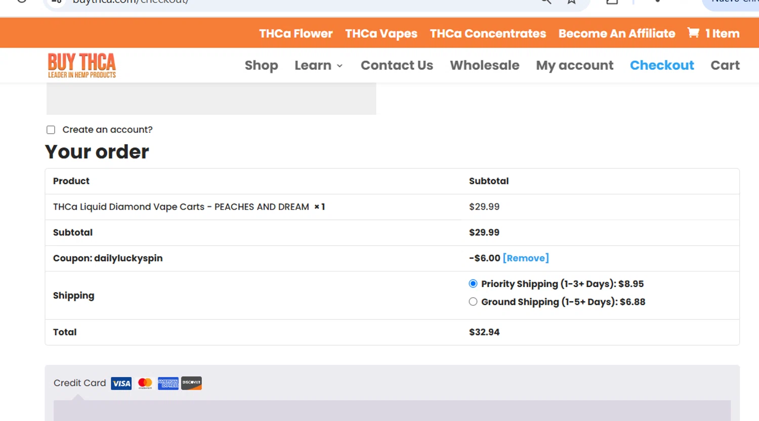 Buy THCa promo code screenshot showing code DAILYLUCKYSPIN applied at Buy THCa checkout page. Uploaded by SimplyCodes community member zaidaelena on Oct 20, 2025