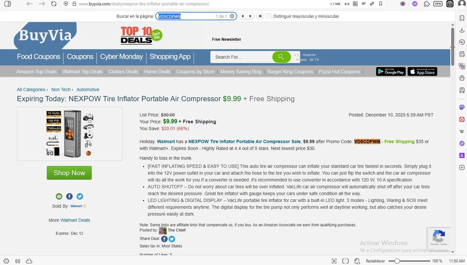 BuyVia promo code screenshot showing code VD5CDPWB applied at BuyVia checkout page. Uploaded by SimplyCodes community member luissilva2 on Dec 11, 2025