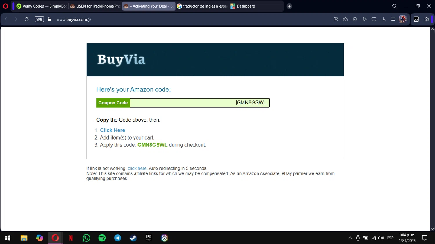 BuyVia promo code screenshot showing code GMN8GSWL applied at BuyVia checkout page. Uploaded by SimplyCodes community member mimusuky1 on Jan 13, 2026