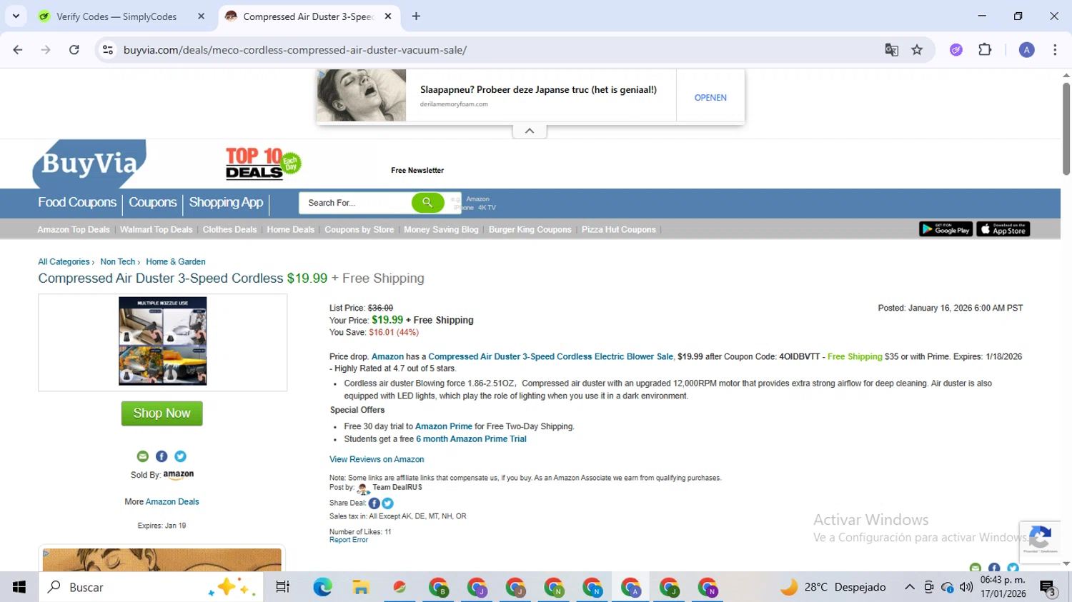 BuyVia promo code screenshot showing code 4OIDBVTT applied at BuyVia checkout page. Uploaded by SimplyCodes community member TreasureCaptain5531 on Jan 17, 2026