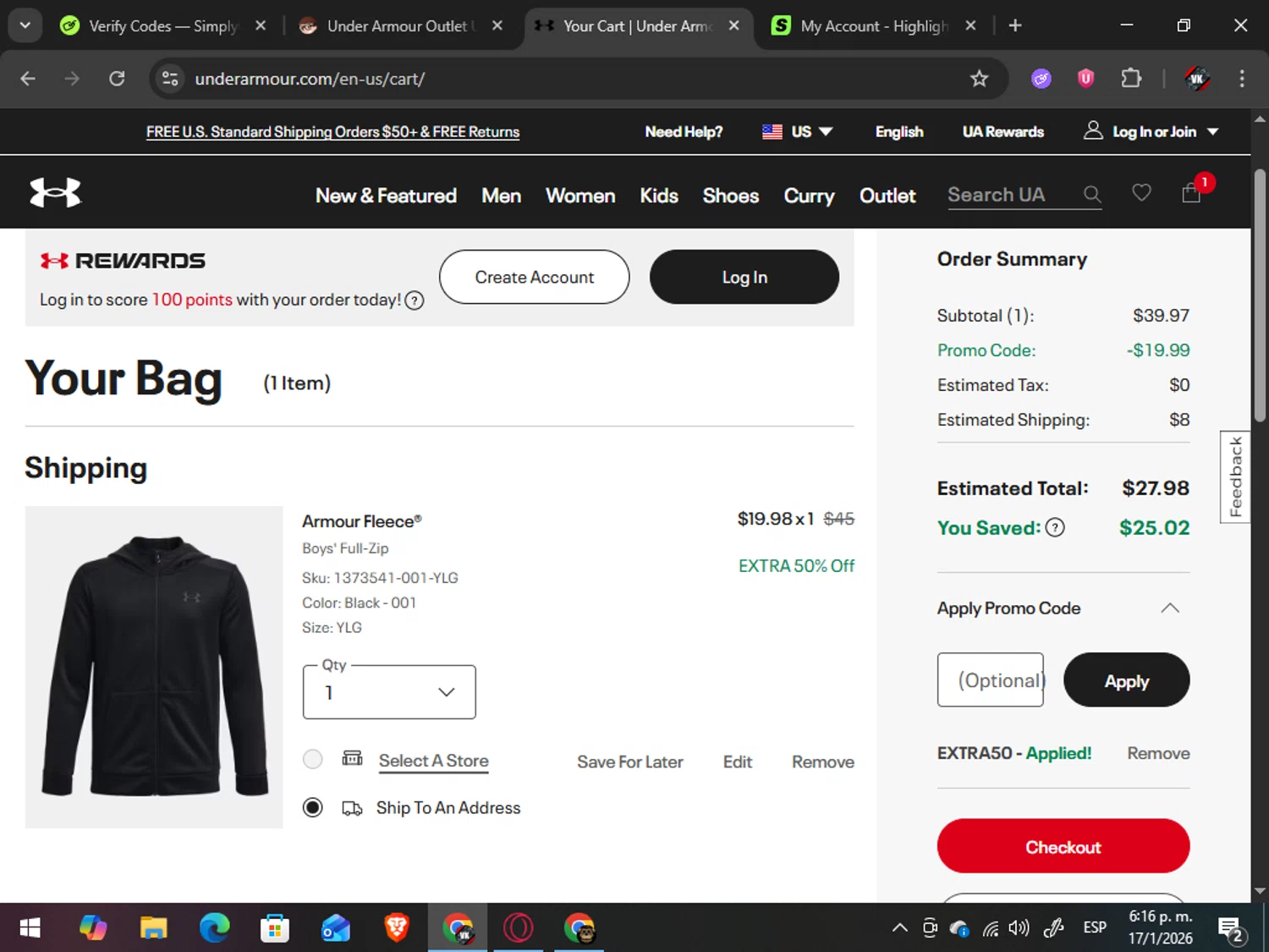 BuyVia promo code screenshot showing code EXTRA50 applied at BuyVia checkout page. Uploaded by SimplyCodes community member TreasureAdmiral6867 on Jan 17, 2026