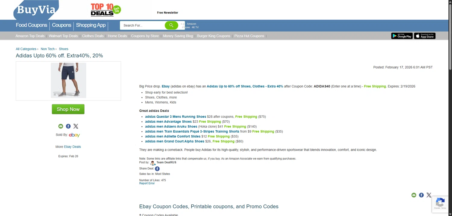 BuyVia promo code screenshot showing code ADIDAS40 applied at BuyVia checkout page. Uploaded by SimplyCodes community member EpicLegend237 on Feb 18, 2026