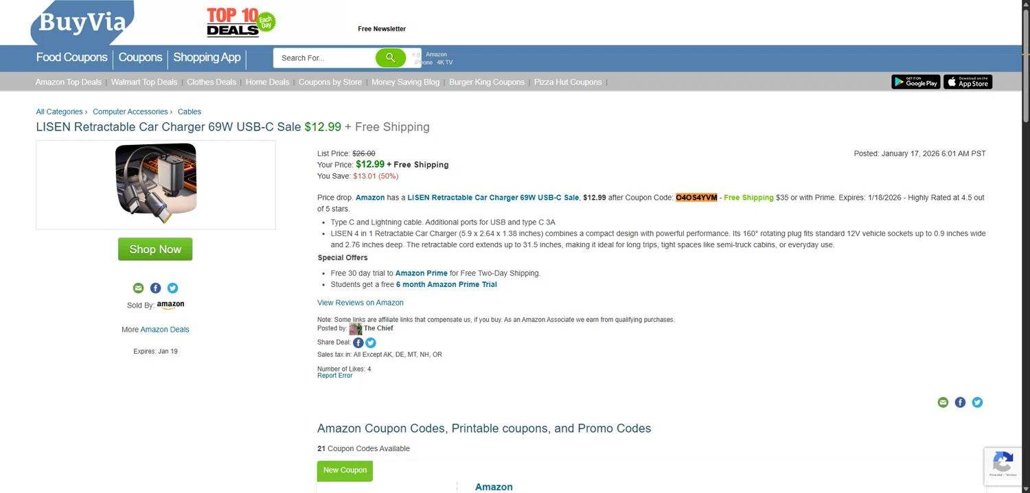BuyVia promo code screenshot showing code O4OS4YVM applied at BuyVia checkout page. Uploaded by SimplyCodes community member EpicLegend237 on Jan 17, 2026
