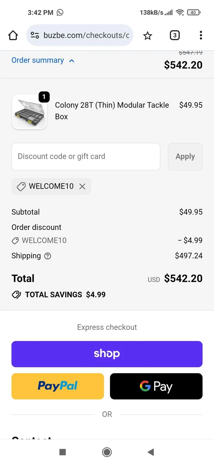BUZBE discount code screenshot showing code WELCOME10 applied at BUZBE checkout page. Uploaded by SimplyCodes community member Piolin on Nov 20, 2025