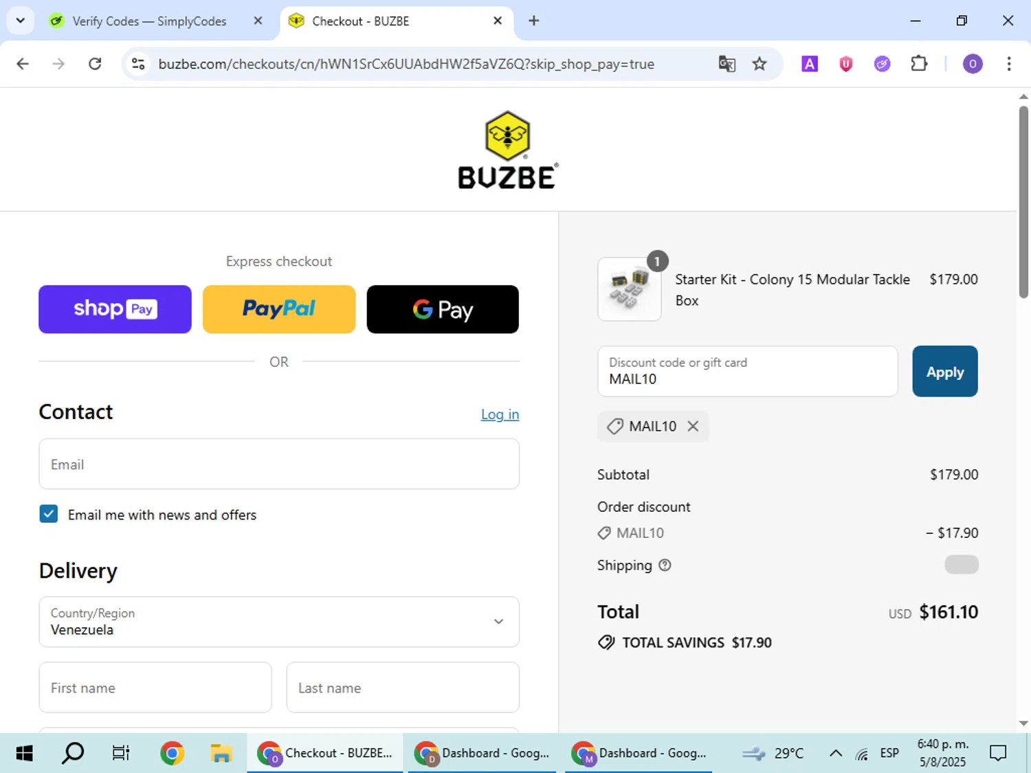 BUZBE discount code screenshot showing code MAIL10 applied at BUZBE checkout page. Uploaded by SimplyCodes community member BudgetHawk9503 on Aug 5, 2025