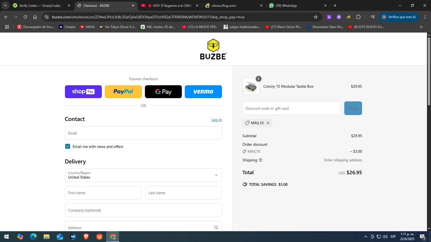 BUZBE discount code screenshot showing code MAIL10 applied at BUZBE checkout page. Uploaded by SimplyCodes community member JuanChi on Jun 22, 2025