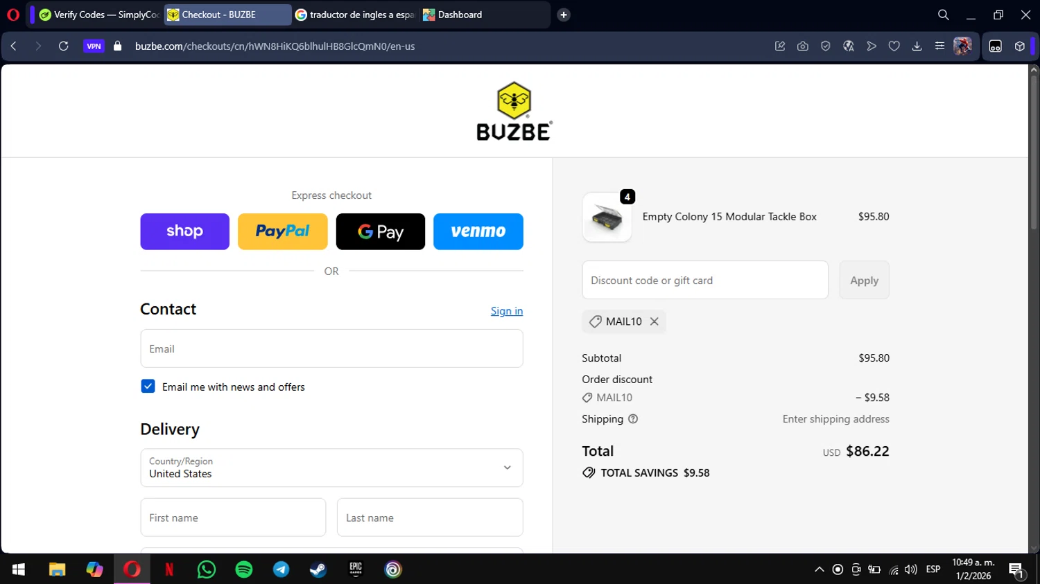 BUZBE discount code screenshot showing code MAIL10 applied at BUZBE checkout page. Uploaded by SimplyCodes community member mimusuky1 on Feb 1, 2026