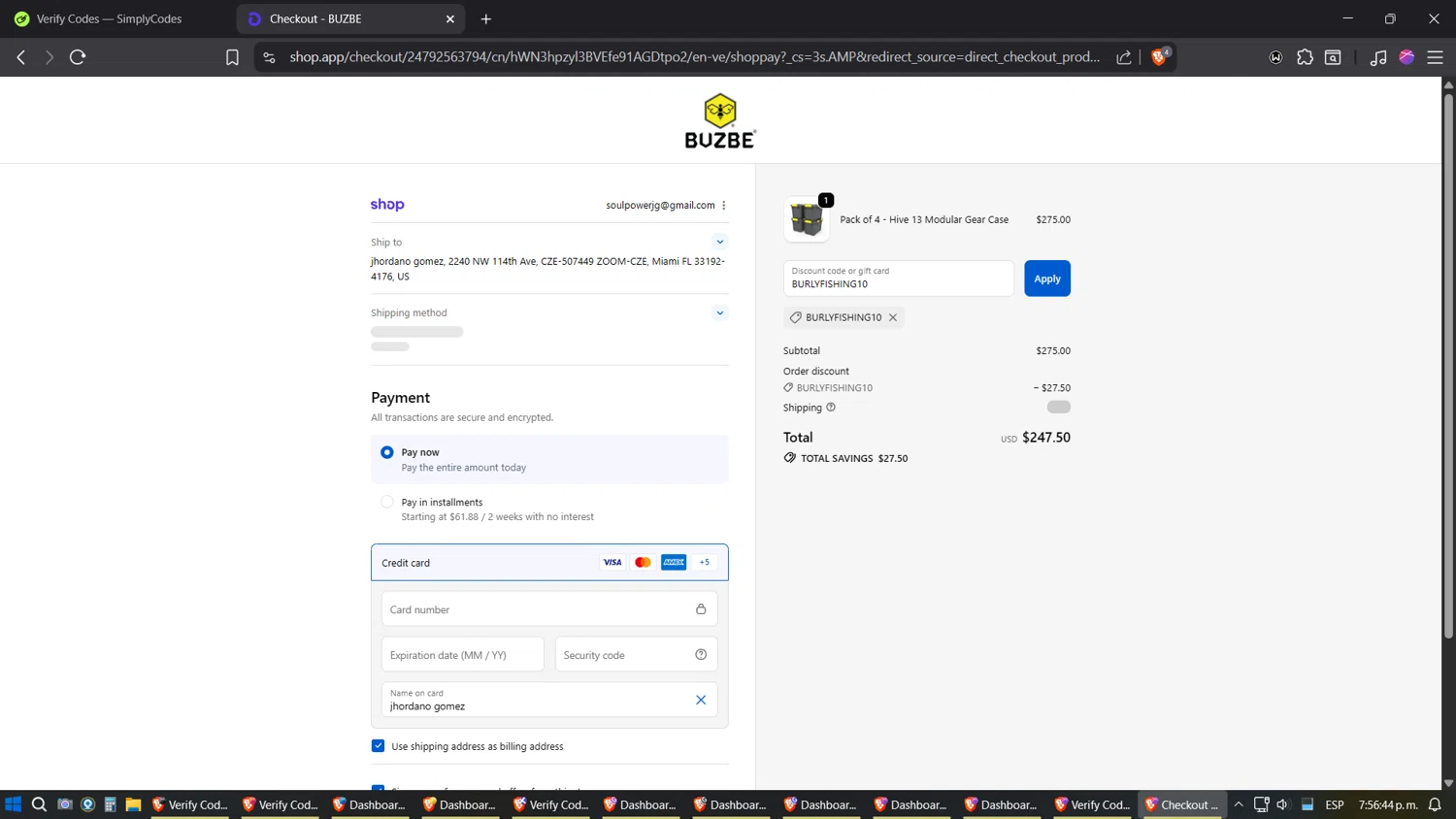 BUZBE discount code screenshot showing code BURLYFISHING10 applied at BUZBE checkout page. Uploaded by SimplyCodes community member JhonatanGomez on Oct 3, 2025