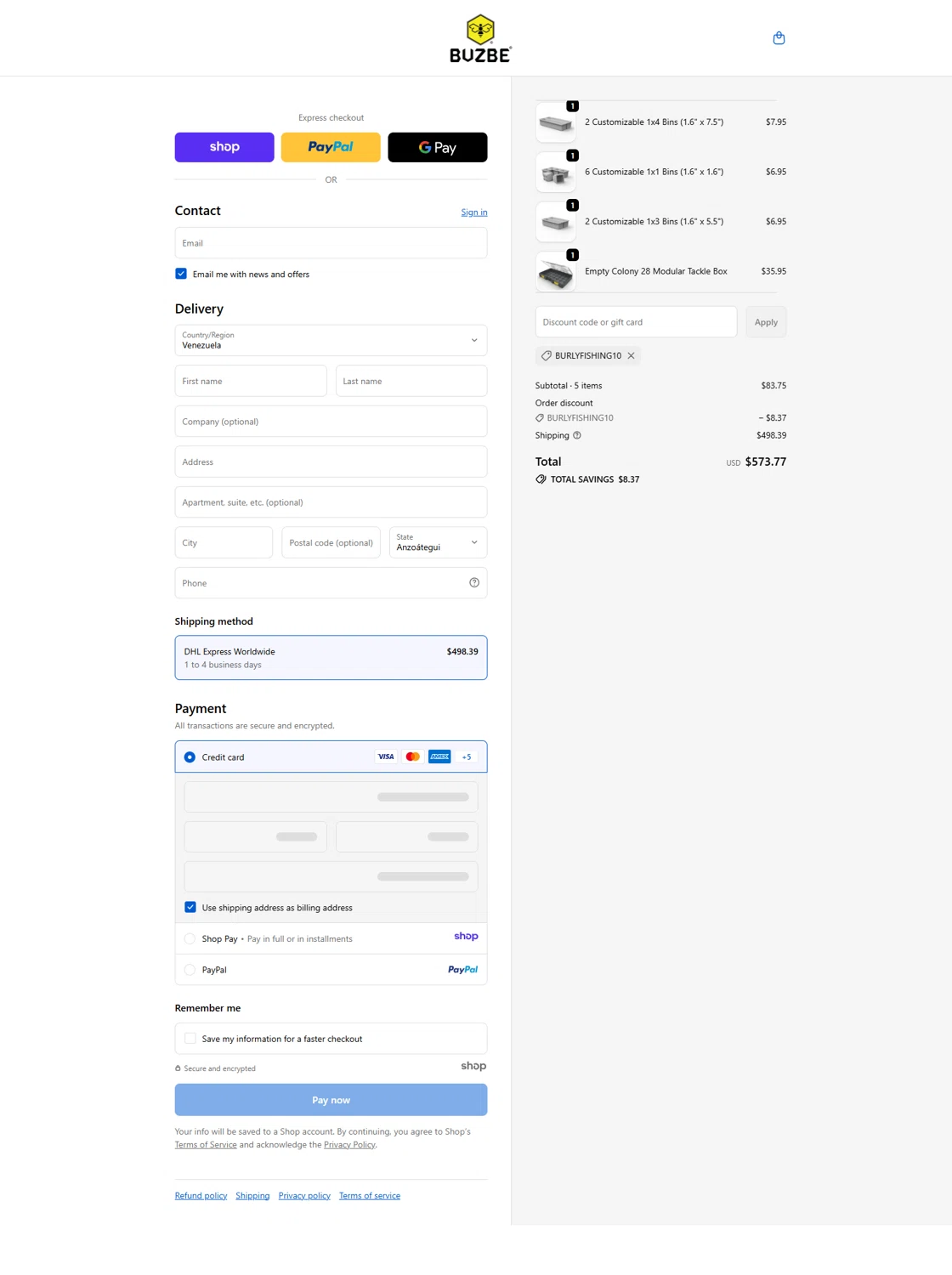 BUZBE discount code screenshot showing code BURLYFISHING10 applied at BUZBE checkout page. Uploaded by SimplyCodes community member RickhiK on Dec 24, 2025