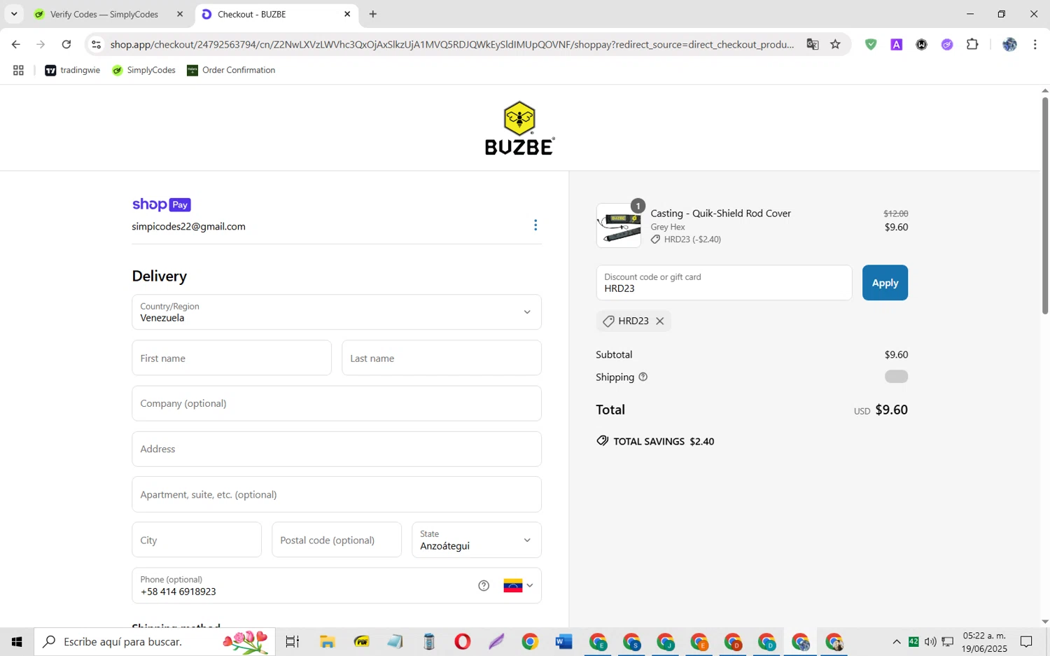 BUZBE discount code screenshot showing code HRD23 applied at BUZBE checkout page. Uploaded by SimplyCodes community member JoseH45 on Jun 19, 2025