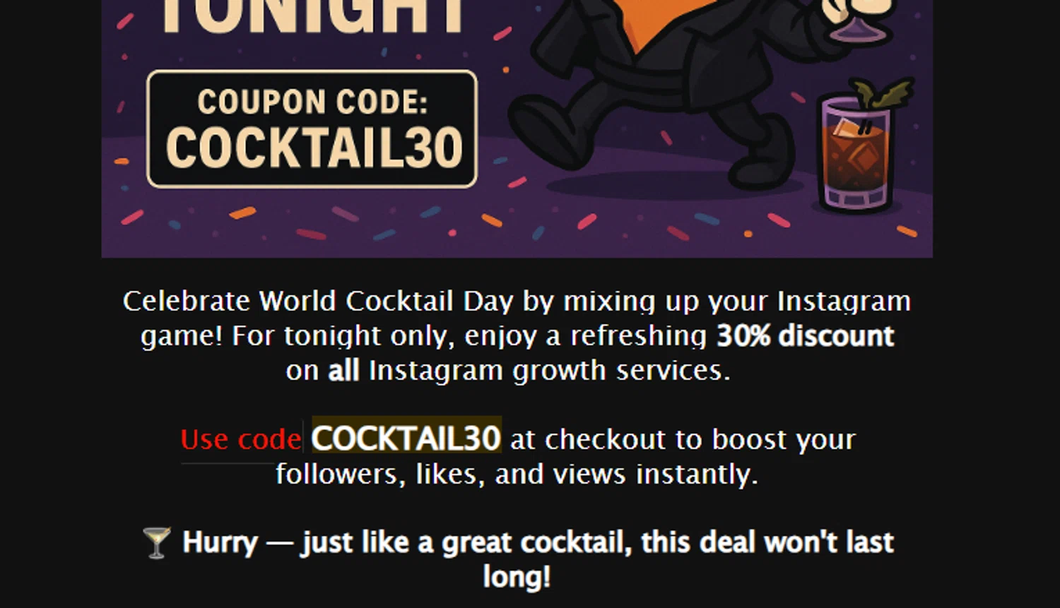 Buzzoid coupon code screenshot showing code COCKTAIL30 applied at Buzzoid checkout page. Uploaded by SimplyCodes community member 111111 on May 14, 2025
