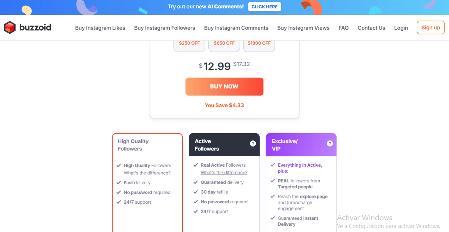Buzzoid checkout page showing Buzzoid coupon code box | Screenshot taken by SimplyCodes community member on Feb 9, 2025