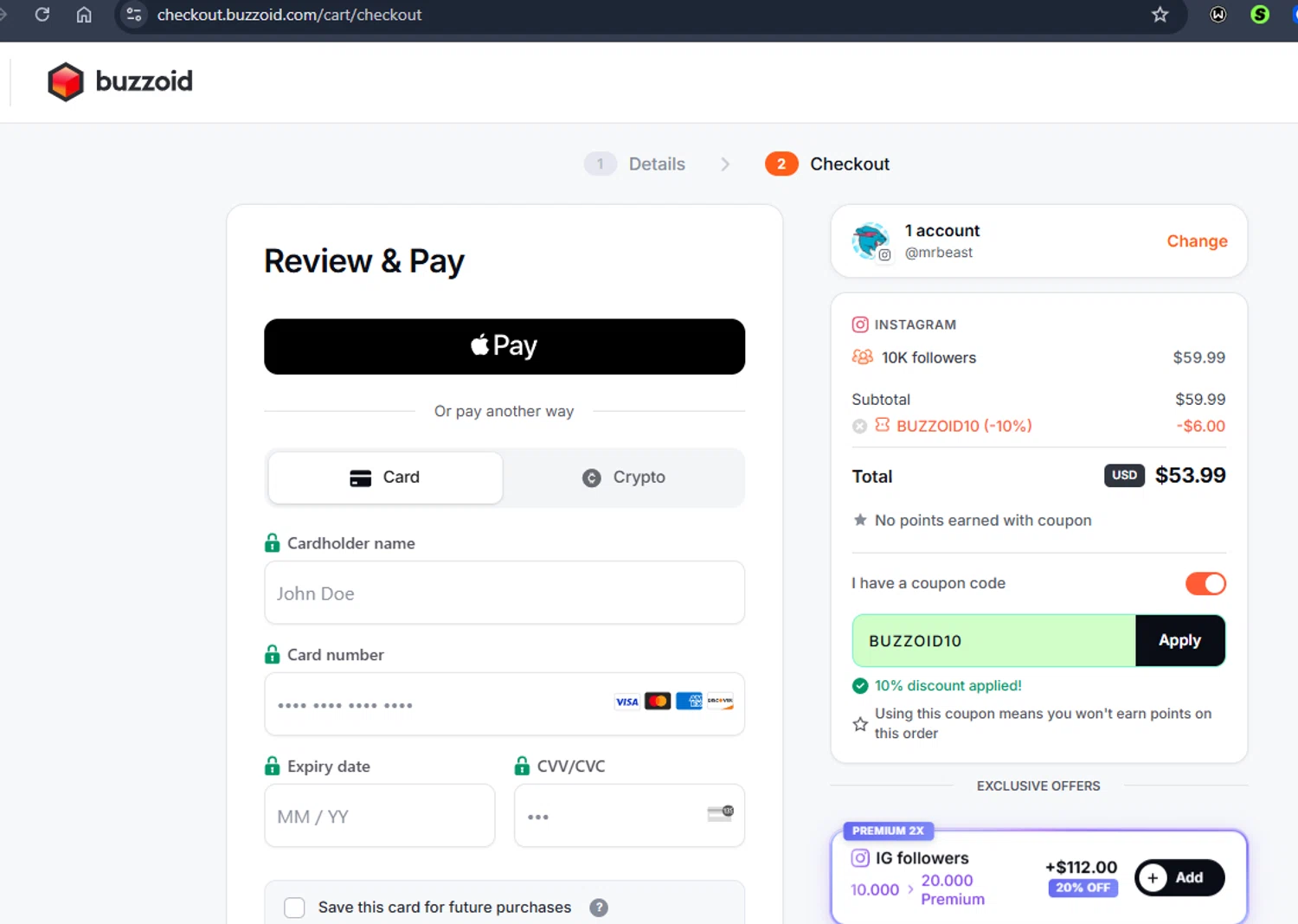 Buzzoid coupon code screenshot showing code BUZZOID10 applied at Buzzoid checkout page. Uploaded by SimplyCodes community member Jmhernand1 on Jan 23, 2026