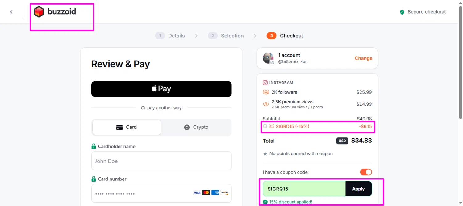 Buzzoid coupon code screenshot showing code SIGRQ15 applied at Buzzoid checkout page. Uploaded by SimplyCodes community member mrdarcy on Jan 23, 2026