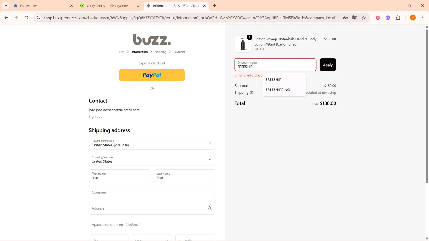 Buzz Shop USA promo code screenshot showing code FREESHIP applied at Buzz Shop USA checkout page. Uploaded by SimplyCodes community member FortunateFinder9465 on Dec 19, 2025