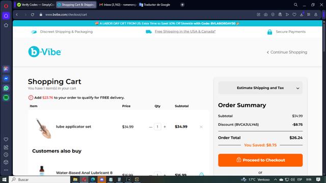 b-Vibe checkout page showing b-Vibe discount code box | Screenshot taken by SimplyCodes community member on Sep 5, 2025