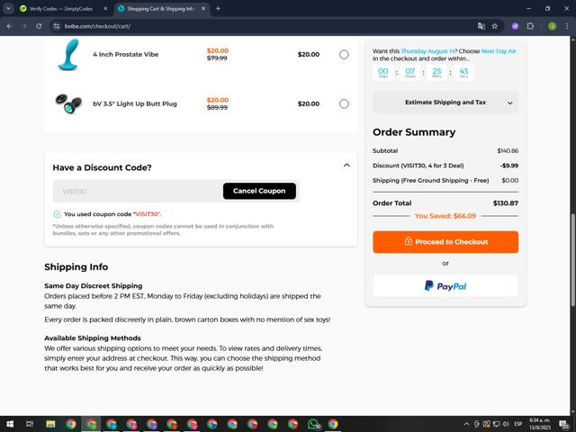 b-Vibe checkout page showing b-Vibe discount code box | Screenshot taken by SimplyCodes community member on Aug 13, 2025