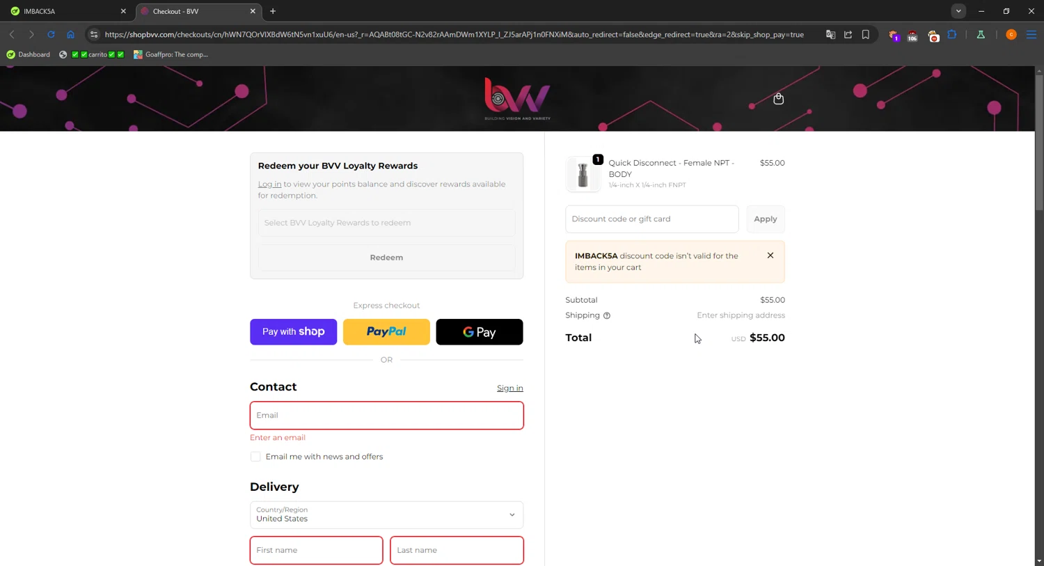 BVV discount code screenshot showing code IMBACK5A applied at BVV checkout page. Uploaded by SimplyCodes community member LOgoter on Jan 9, 2026