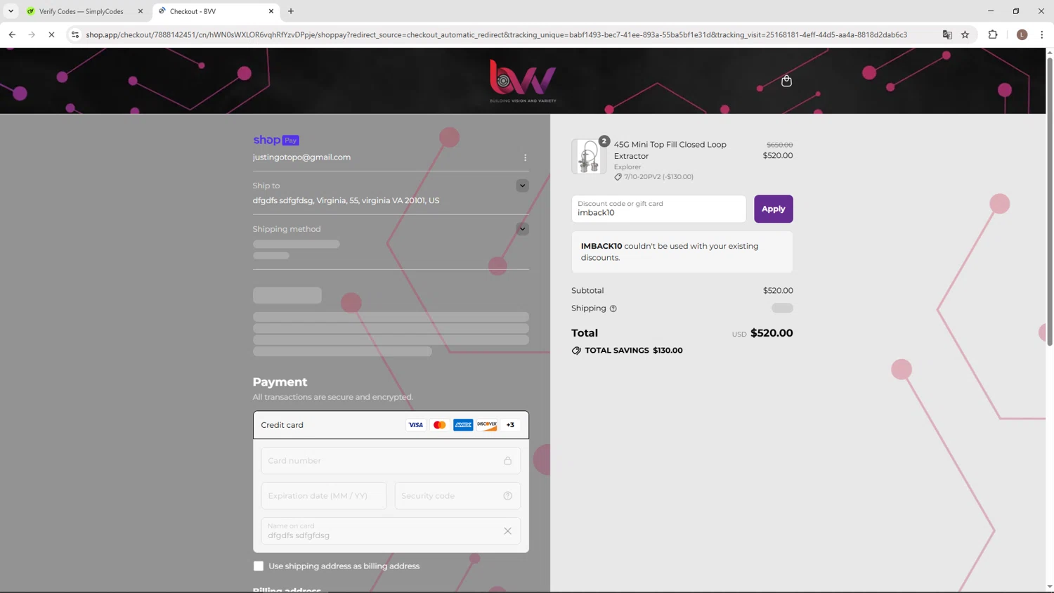 BVV discount code screenshot showing code imback10 applied at BVV checkout page. Uploaded by SimplyCodes community member BENELLI on Jul 21, 2025