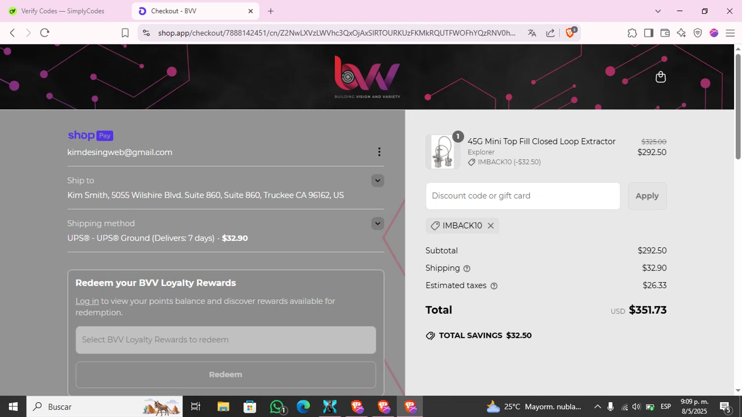 BVV discount code screenshot showing code imback10 applied at BVV checkout page. Uploaded by SimplyCodes community member KimChrista_ on May 9, 2025