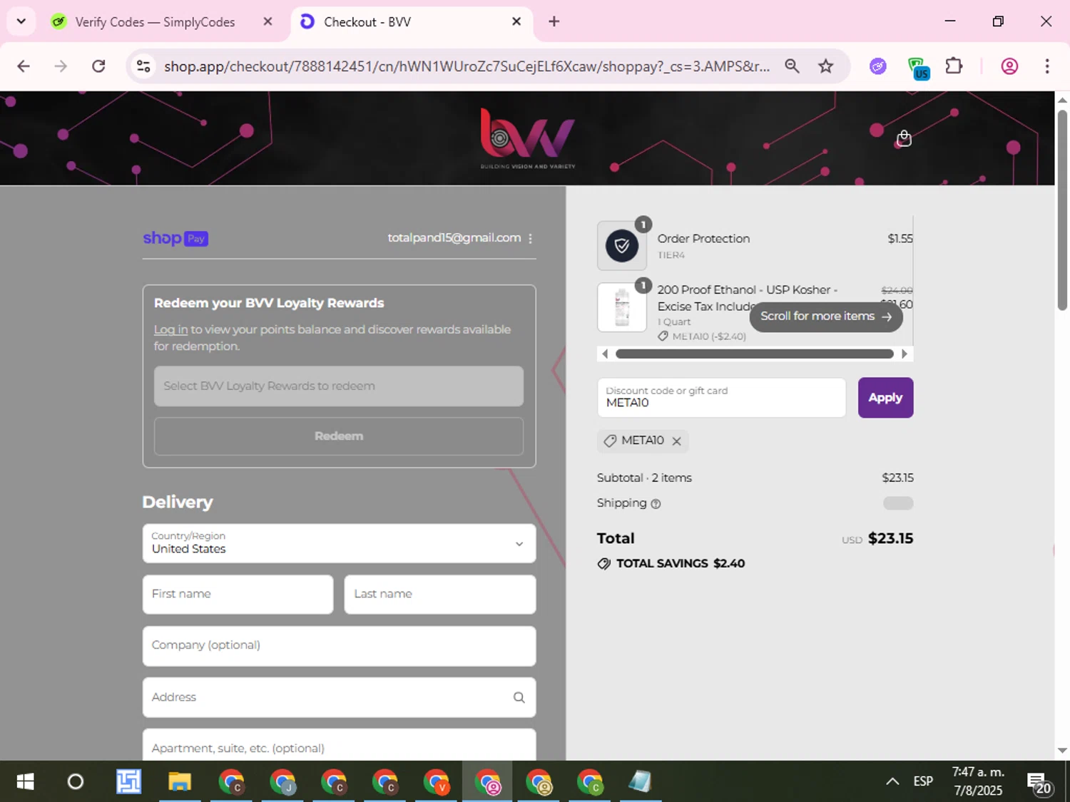 BVV discount code screenshot showing code META10 applied at BVV checkout page. Uploaded by SimplyCodes community member QuestCurator1644 on Aug 7, 2025