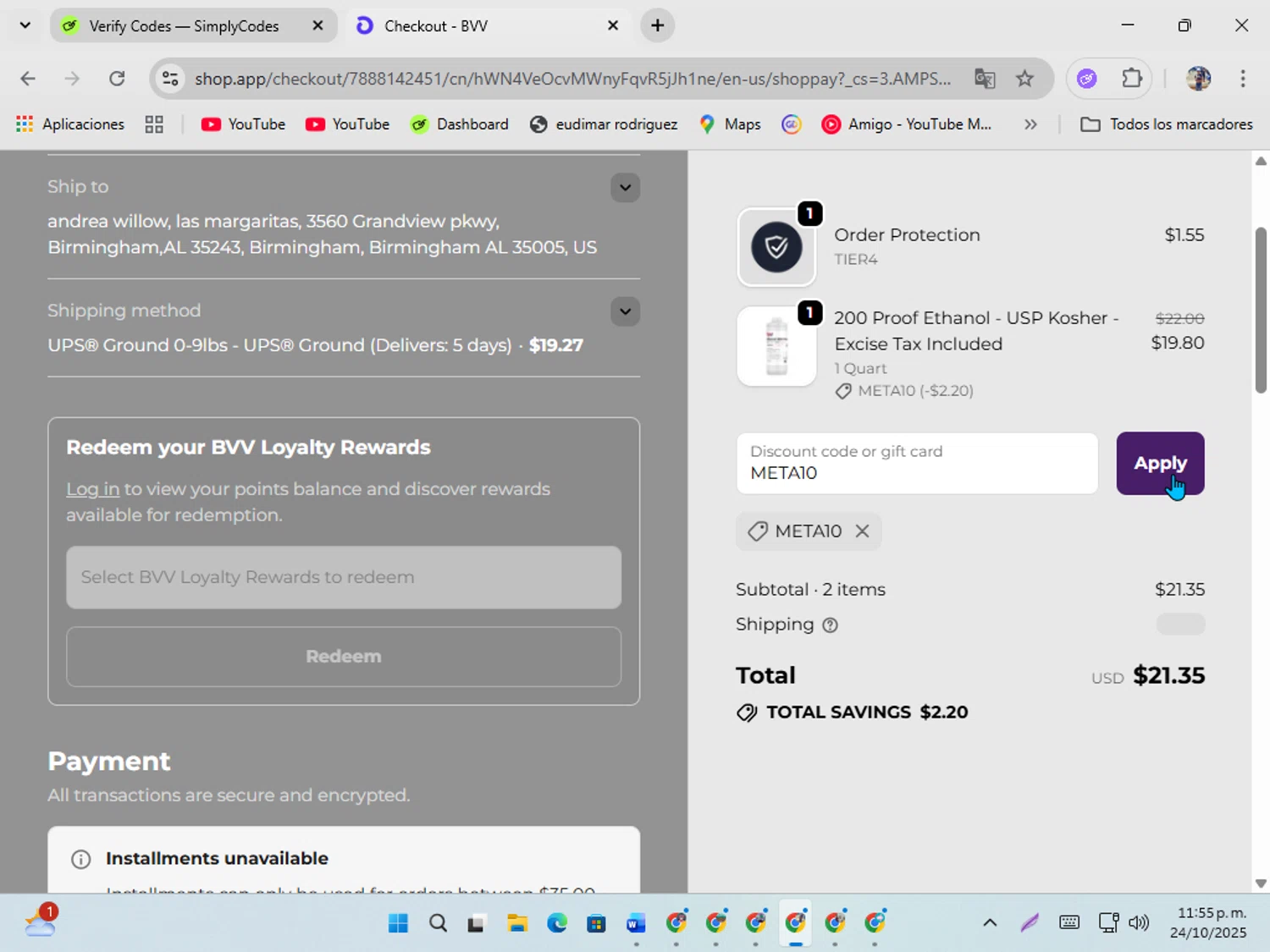 BVV discount code screenshot showing code META10 applied at BVV checkout page. Uploaded by SimplyCodes community member ShrewdSeeker5445 on Oct 25, 2025