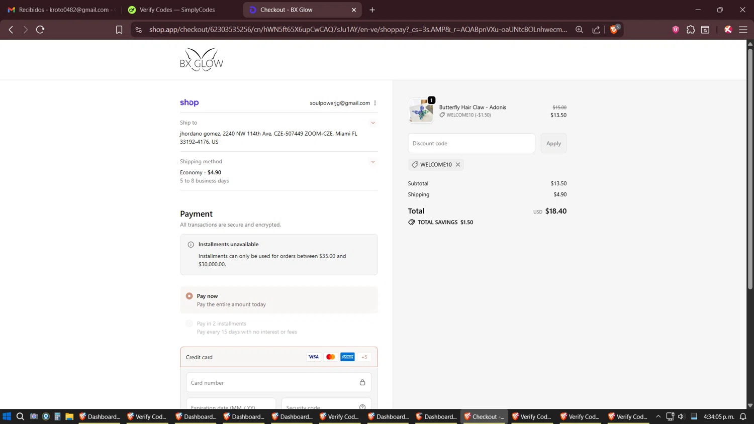 BX Glow promo code screenshot showing code WELCOME10 applied at BX Glow checkout page. Uploaded by SimplyCodes community member Shizuku on Nov 24, 2025