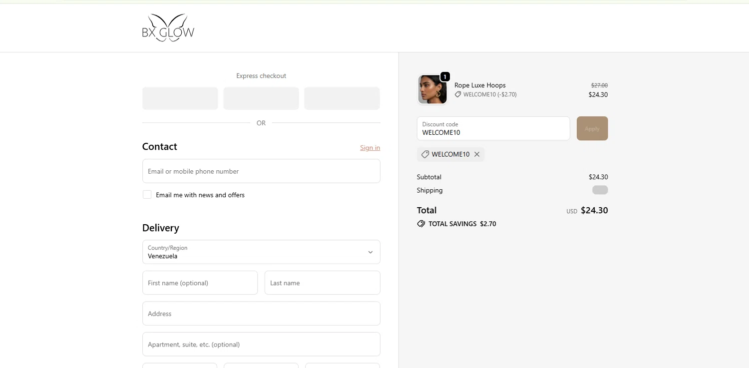 BX Glow promo code screenshot showing code WELCOME10 applied at BX Glow checkout page. Uploaded by SimplyCodes community member kalltrom21 on Dec 5, 2025
