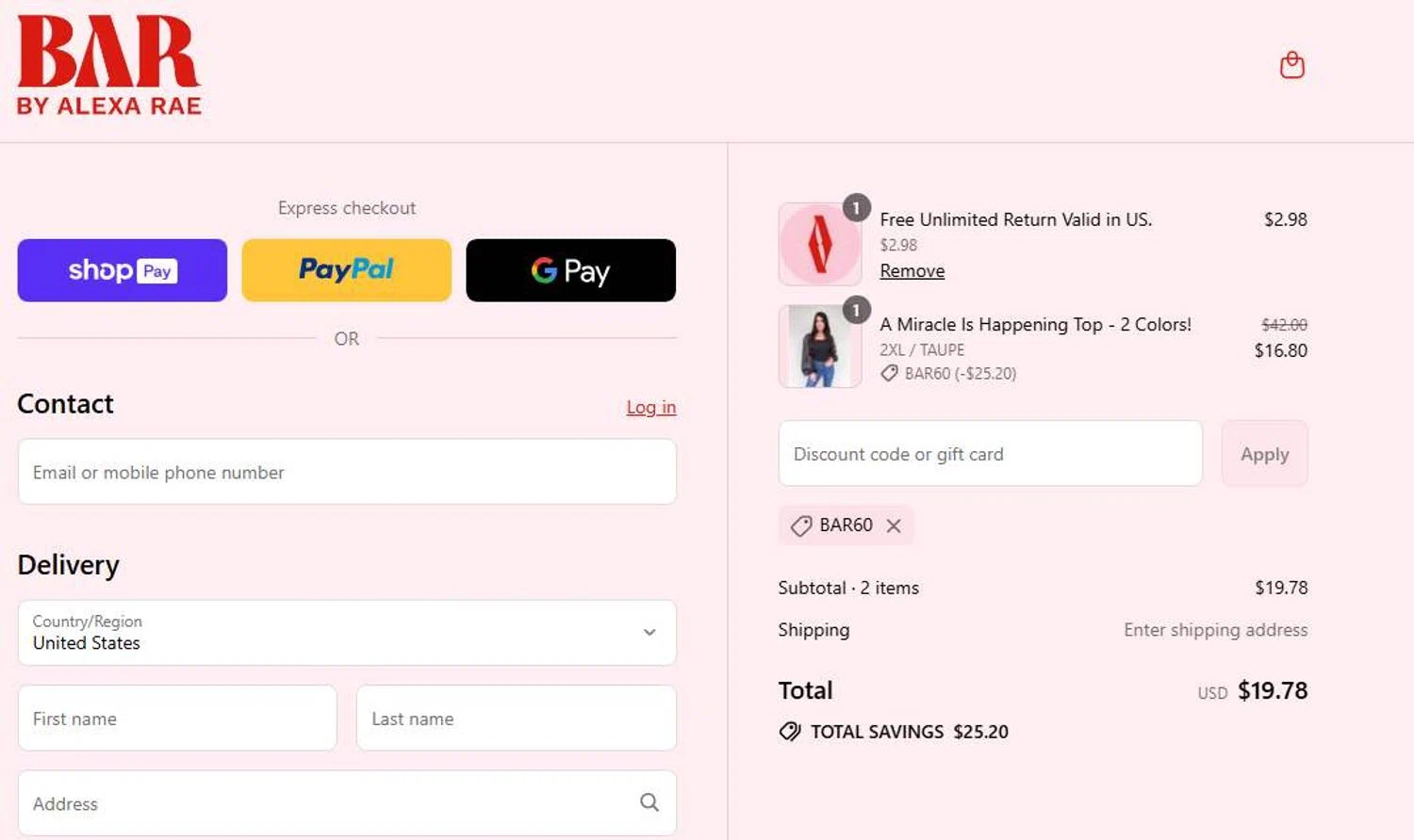 By Alexa Rae Boutique promo code screenshot showing code BAR60 applied at By Alexa Rae Boutique checkout page. Uploaded by SimplyCodes community member stygian1 on Aug 19, 2025