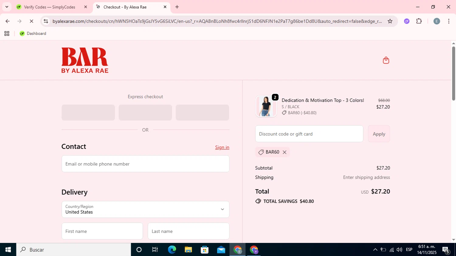 By Alexa Rae Boutique promo code screenshot showing code BAR60 applied at By Alexa Rae Boutique checkout page. Uploaded by SimplyCodes community member Esteban on Nov 14, 2025