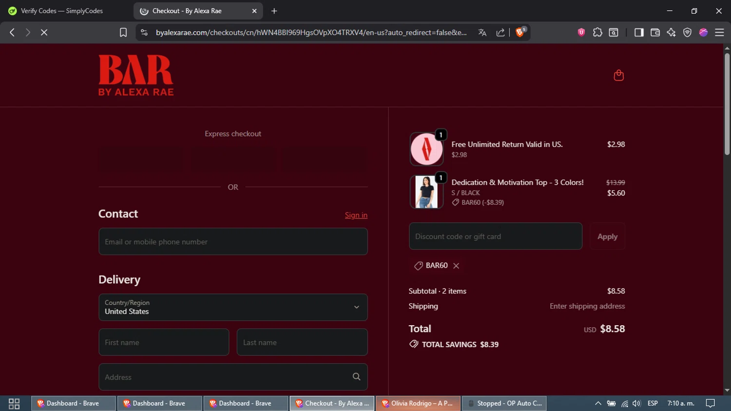 By Alexa Rae Boutique promo code screenshot showing code BAR60 applied at By Alexa Rae Boutique checkout page. Uploaded by SimplyCodes community member Waynesmith on Oct 16, 2025