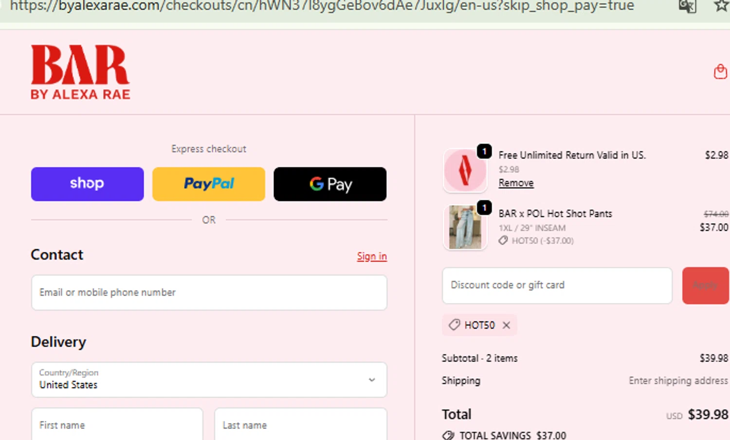 By Alexa Rae Boutique promo code screenshot showing code HOT50 applied at By Alexa Rae Boutique checkout page. Uploaded by SimplyCodes community member RewardFinder4836 on Sep 18, 2025